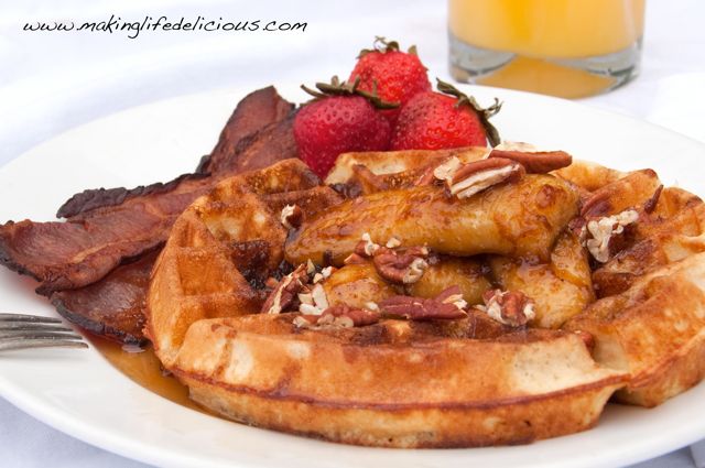 My Favorite Belgian Waffles with Bananas Foster & Toasted Pecans