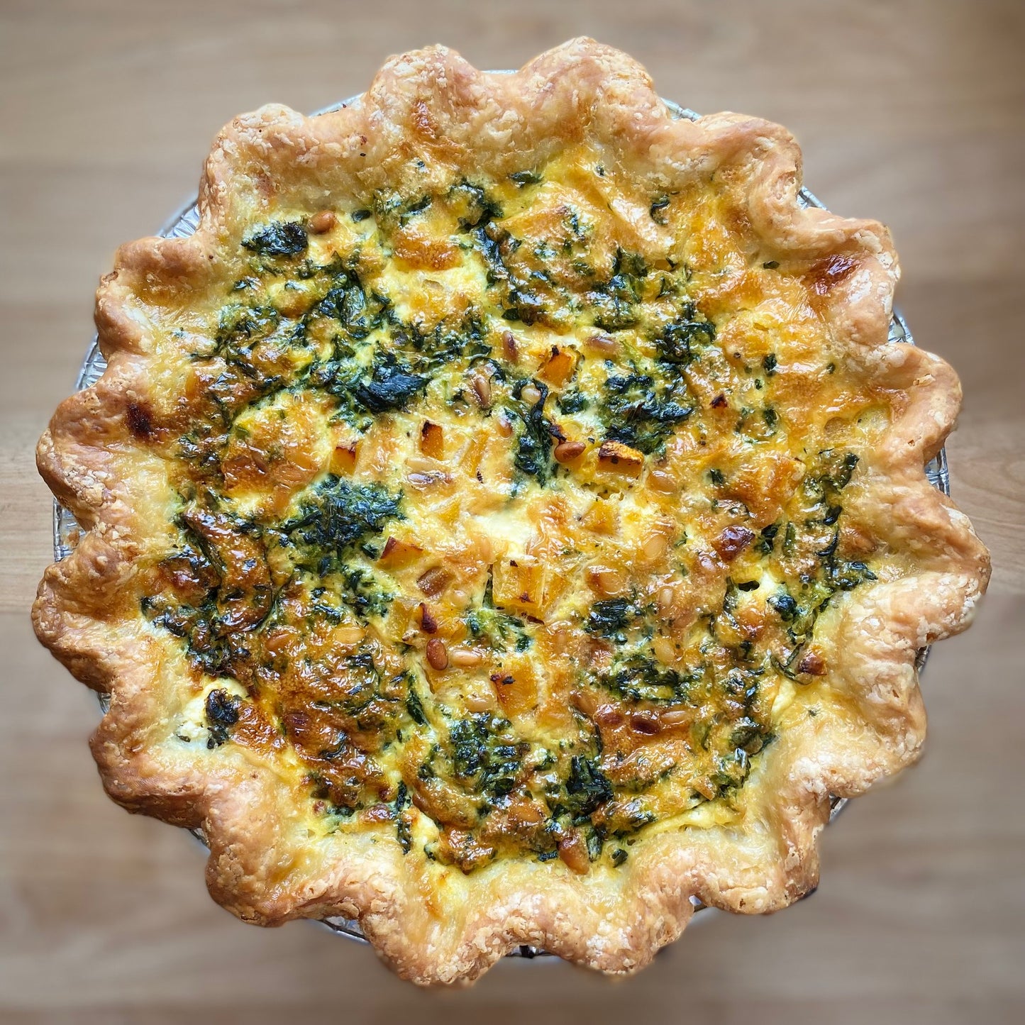 Quiche: Roasted Butternut Squash, Spinach, Goat Cheese & Toasted Pine Nuts (veg)