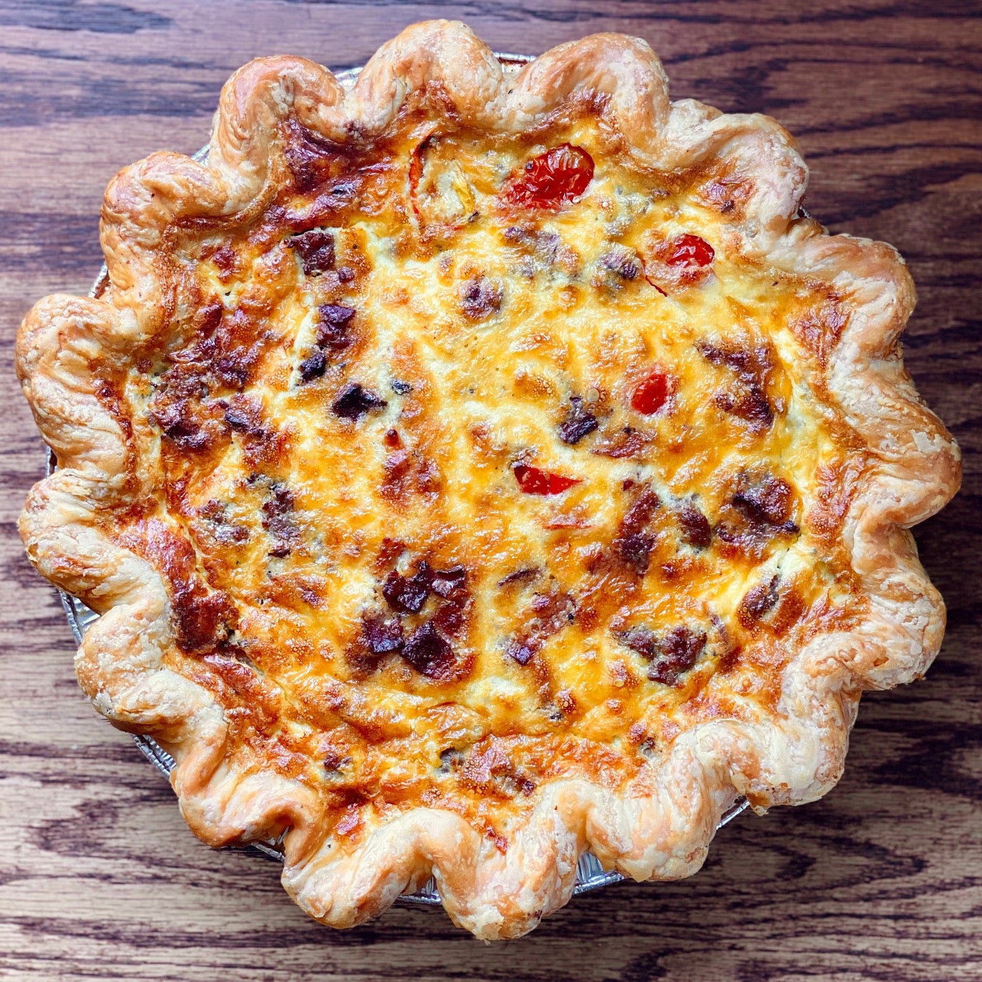 Quiche - Meat Lover's with Organic Sausage, Bacon, Ham, Monterey Jack, Tomatoes & Fresh Scallions